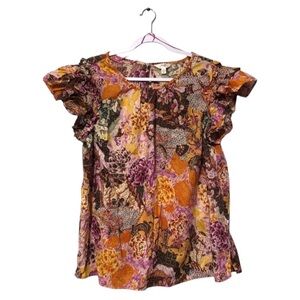 Floral Print Flutter Sleeve Top - Purple & Mustard